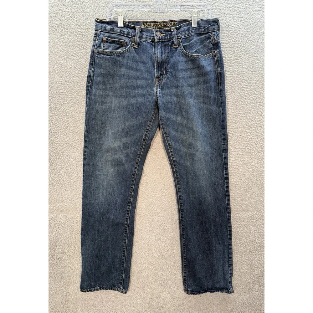American Eagle Jeans Mens 32x34 Blue Original Straight Distressed Denim Preppy *